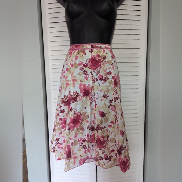 John Paul Richard Floral Skirt 12 Cotton Pink Burgundy Fit Flair Knee Length Cot - Picture 2 of 8